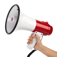 Hand Holding Red and White Megaphone on Loud Communication, Public Announcement, Speech Tool Transparent Background png