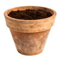 Rustic Clay Flower Pot Filled with Dark Soil, Garden Container, Gardening Theme, Isolated Still Life Transparent Background png
