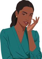Woman winking and smiling wearing teal blouse portrait with confident expression and dark hair in ponytail vector