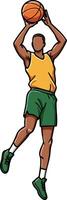 Basketball player shooting ball with green shorts and yellow jersey illustration in action pose vector