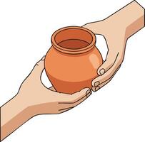 Hands passing clay pot sharing cooperation concept illustration simple design vector