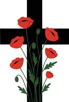 Black cross with red poppy flowers design for memorial and remembrance occasions vector