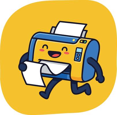 Cute running printer with happy face printing paper in yellow and blue cartoon style illustration