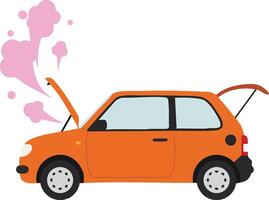 Broken orange car with open hood and trunk emitting pink smoke illustration for vehicle repair or malfunction concept vector
