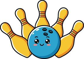 Cute bowling ball with smiling face and set of five yellow bowling pins illustration for leisure and sports activities vector