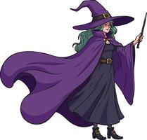 Witch casting magic with wand wearing purple cloak and hat fantasy character illustration vector