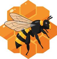 Bee flying over honeycomb hexagonal cells with natural yellow and black colors digital illustration vector