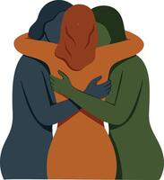 Three people hugging in warm embrace expressing support and unity in diverse group illustration vector