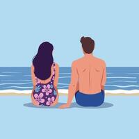 Couple sitting on beach shore looking at ocean horizon relaxing summer vacation illustration vector