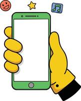 Hand holding smartphone with green frame and emoji icons social media concept illustration vector