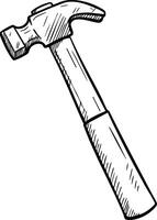 Hammer tool sketch drawing with wooden handle and metal head in black and white style illustration vector