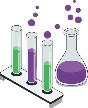 Laboratory glassware with green and purple liquids in test tubes and flask design for science and chemistry concepts vector