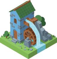 Watermill with flowing water and green roof in isometric design for rural landscapes and eco architecture concepts vector