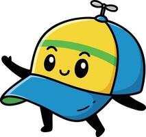 Cute cartoon character wearing yellow and blue propeller cap smiling and waving illustration vector