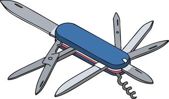 Multipurpose blue Swiss army knife with multiple blades and tools for outdoor and everyday use illustration vector