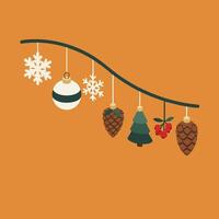 Christmas tree branch with pine cones, ornaments, snowflakes, and red berries decoration on orange background illustration vector