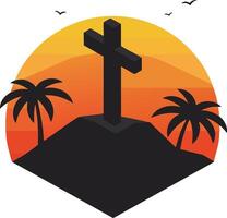 Christian cross silhouette on hill with orange sunset background and palm trees illustration vector
