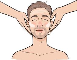 Man receiving relaxing face massage with closed eyes and calm expression illustration vector