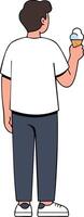 Man holding ice cream cone wearing white t-shirt and dark pants standing with back view illustration vector