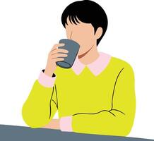 Man drinking beverage in yellow sweater with pink collar sitting at table illustration vector