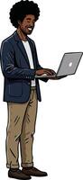 African American man standing using laptop computer casual clothing smiling cheerful expression vector