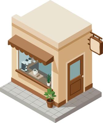Small beige coffee shop building with window display and potted plants illustration in isometric style