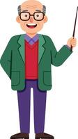 Elderly man teacher with glasses holding a pointer stick standing smiling illustration vector
