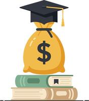 Money bag with graduation cap on stack of books representing education funding and financial support for students illustration vector