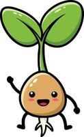 Cute happy sprouting seed character with green leaves and smiling face illustration for nature and growth concepts vector