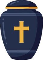 Dark blue urn with golden cross symbol and lid graphic for memorial and remembrance purposes vector