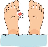 Dead feet with toe tag lying in hospital bed showing concept of death and morgue identification illustration vector