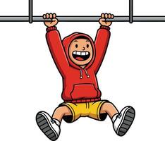 Boy hanging on horizontal bar wearing red hoodie and yellow shorts smiling happily outdoor activity vector