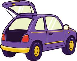 Purple compact car with open trunk showing empty storage space in cartoon style illustration vector