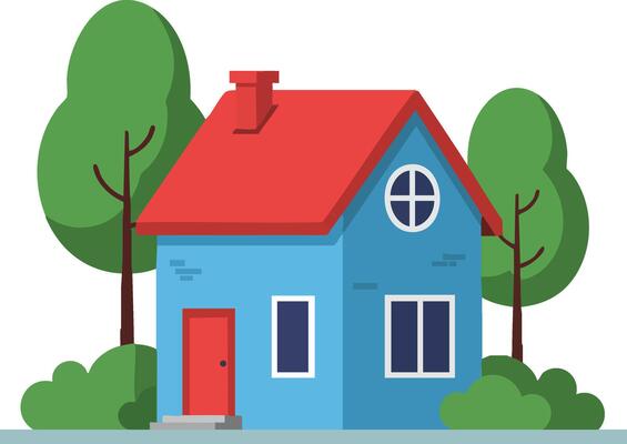 Blue house with red roof surrounded by green trees and bushes illustration for home and nature design