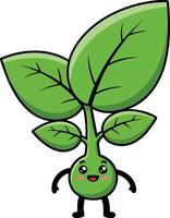 Cute cartoon green sprout character with big leaves smiling and standing on white background illustration vector