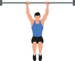 Man performing pull-up exercise on horizontal bar showcasing upper body strength and fitness training routine vector