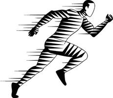 Running man silhouette with dynamic striped pattern illustrating speed and motion in black and white design vector