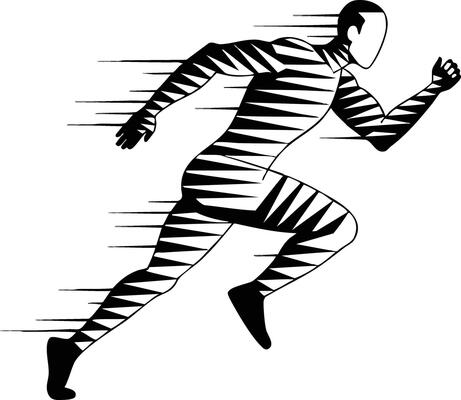 Running man silhouette with dynamic striped pattern illustrating speed and motion in black and white design