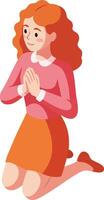 Red haired woman kneeling with hands clasped in prayer or contemplation illustration vector
