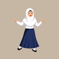 Girl in white hijab and navy blue skirt expressing excitement and joy with fists clenched on beige background illustration vector