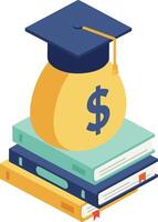 Graduation cap on money bag with dollar sign and stack of books concept for education finance and student loans illustration vector