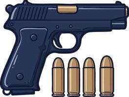 Handgun pistol firearm with bullets illustration in dark blue and gold colors for weapon concept design vector