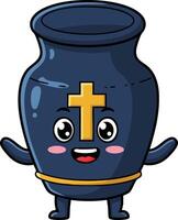 Cute navy blue urn with gold cross character smiling and waving illustration design vector