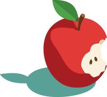 Red apple with bite mark and green leaf casting shadow on white background simple design vector