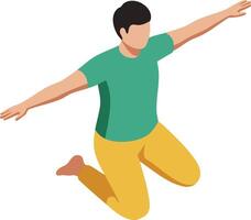 Man jumping with arms outstretched wearing green shirt and yellow pants in dynamic pose illustration vector