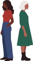 Two diverse women standing back to back in casual clothing illustration with contrasting styles and colors vector