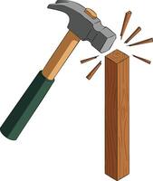 Hammer striking wooden post with flying wood chips illustration of construction and carpentry tools in action vector