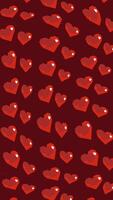 Pixelated bright red hearts scrolling upward on a dark red maroon background with vertical format and wobble effect. The retro 8-bit style creates a nostalgic, playful, and romantic visual effect. video