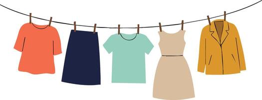 Clothes hanging on a line with colorful casual tops skirt dress and jacket in simple flat style illustration vector