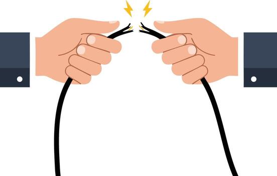 Hands Holding Broken Electrical Wire with Sparks Illustration Showing Power Disconnection and Danger Alert vector